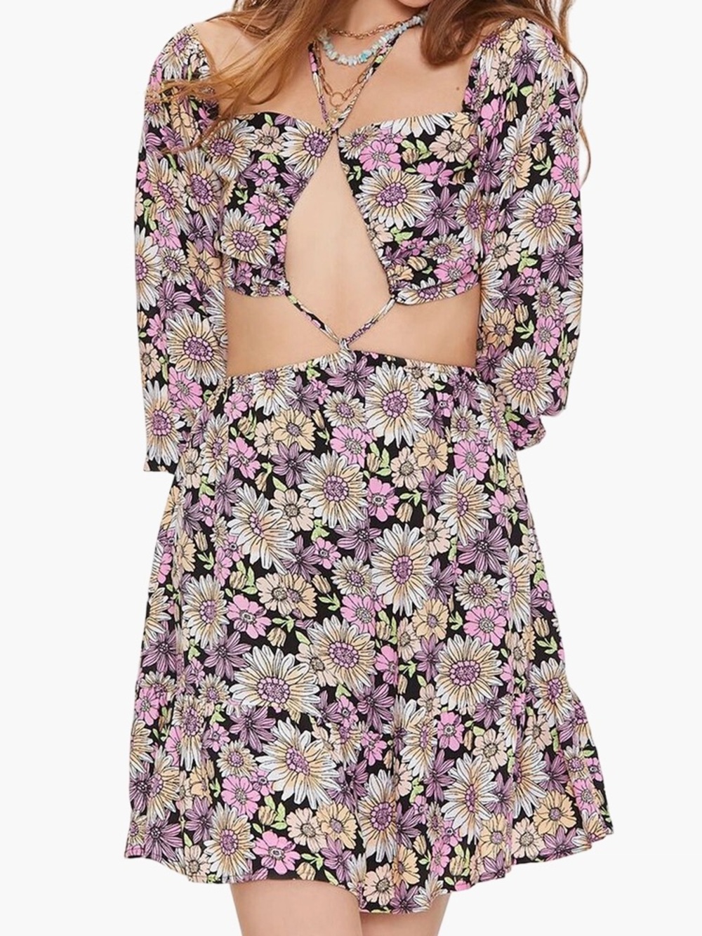✨Forever 21 Black Floral Cutout Mini Dress Strappy Halter Neck Line Size S - Picture 1 of 13